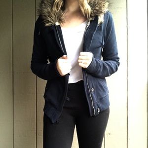 Navy Blue Abercrombie & Fitch Fur Hooded Jacket